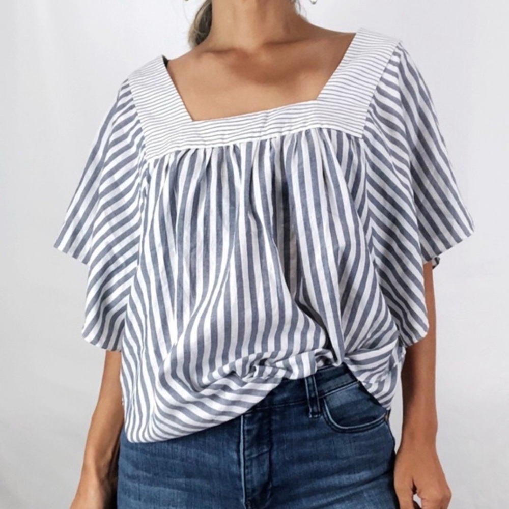 Madewell Striped Blue and White Women's Butterfly Sleeved Top